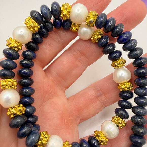 19" rondelle beaded lapis lazuli, genuine pearls w/ gold tone accent necklace! - Picture 6 of 15